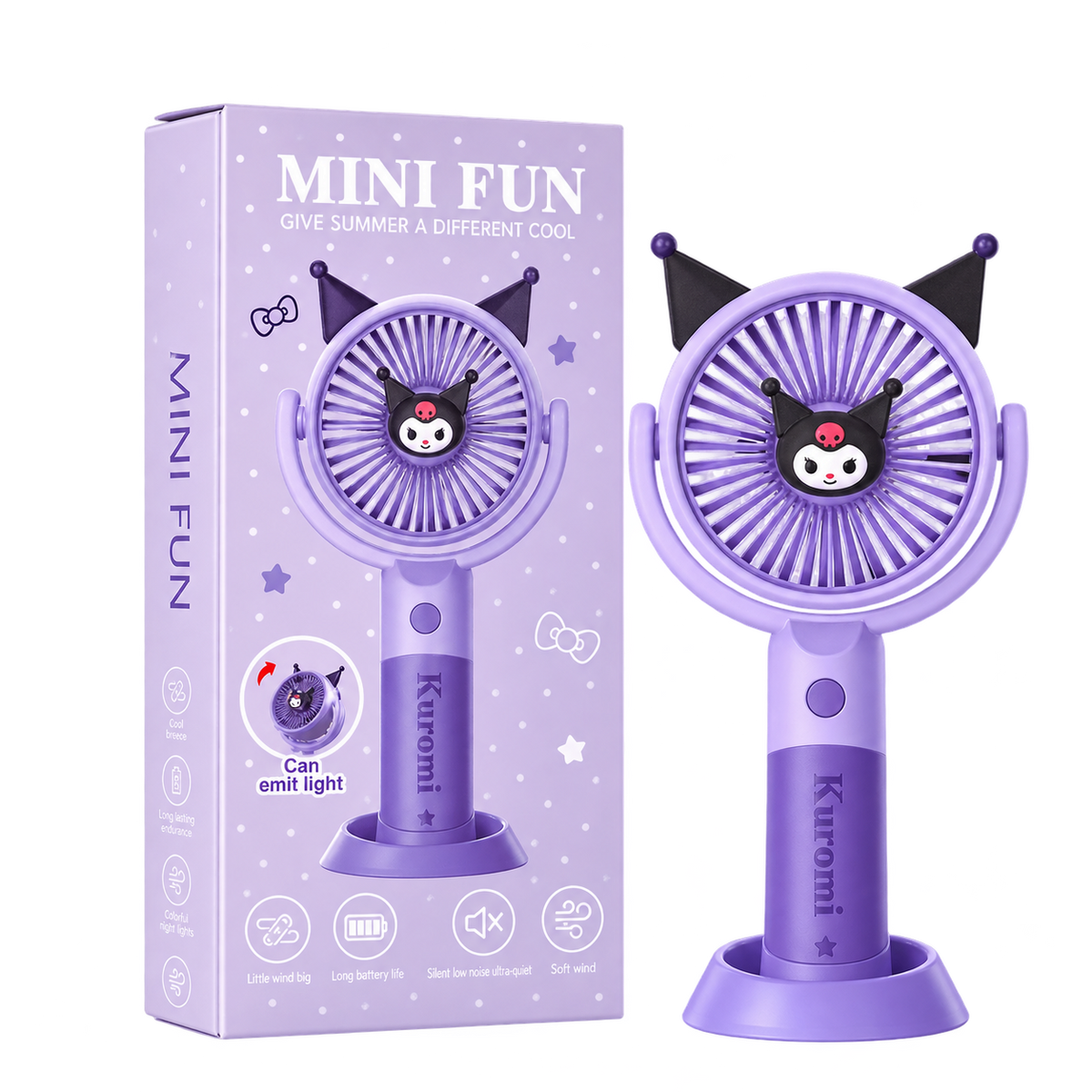 Mini ventilateur Kuromi violet avec support